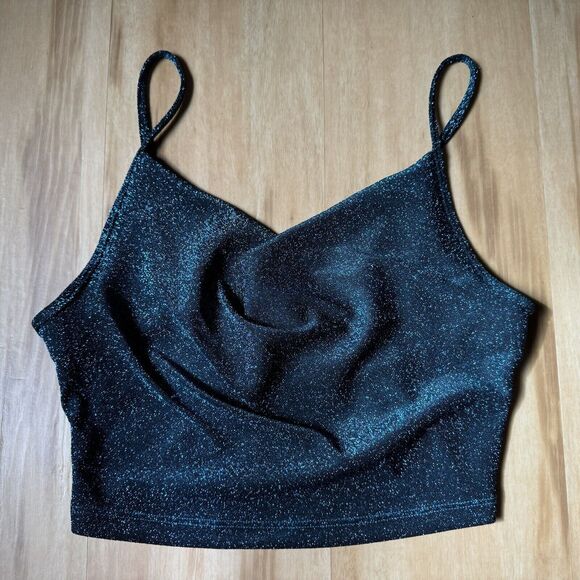 Women's Draped Cowl Neck Cropped Tank Top Blue Glitter Metallic Micro Cami M - Picture 6 of 9